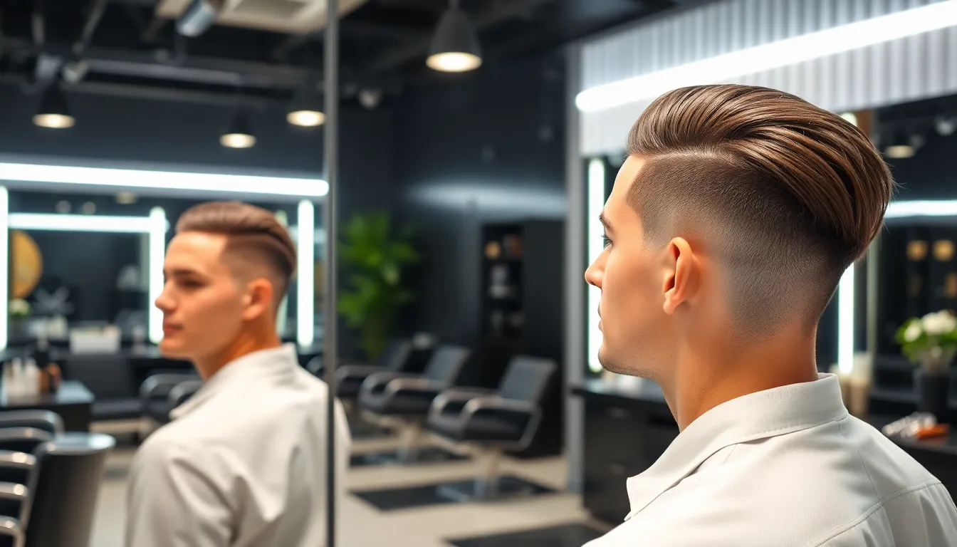 man with mid fade taper haircut in a modern barbershop